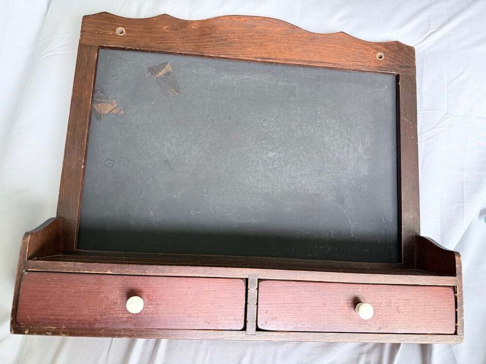 Vintage Manchester Wood Hanging Chalkboard with Two Drawers and Ceramic Knobs